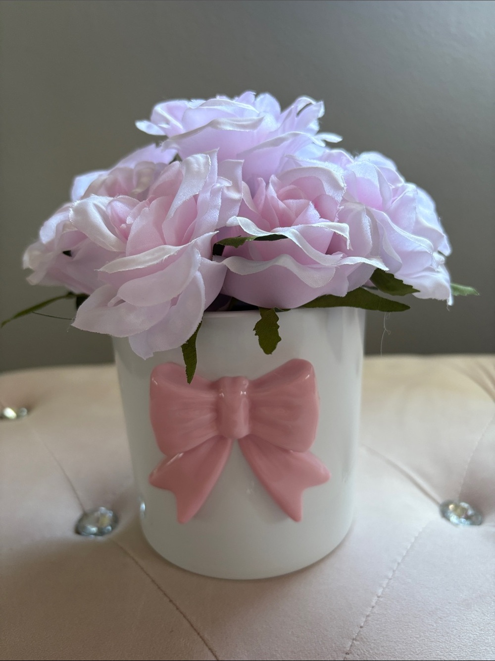 Soft Pink Rose Arrangement in White Ceramic Pot with Pink Bow